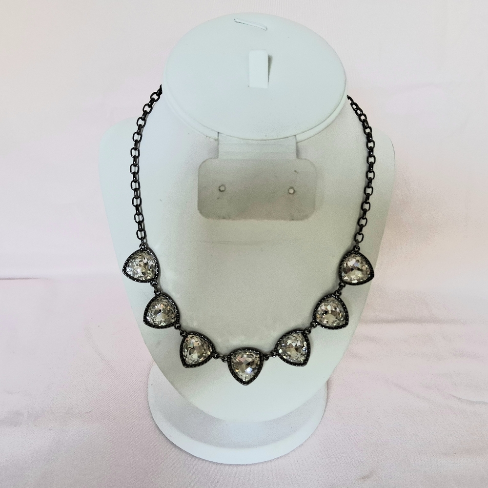 Black Gunmetal Clear Crystal Triangle Riviera Pendants Oval Link Necklace Glam